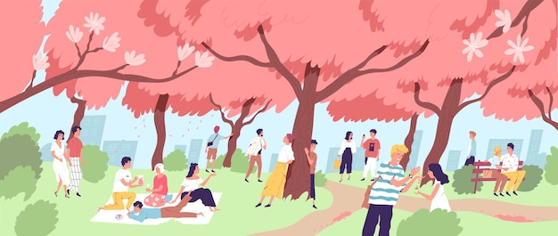 Lindos hombres y mujeres felices viendo la flor de cerezo en el parque de la ciudad. Gente sonriente viendo árboles de sakura en flor en el festival japonés Hanami. Evento al aire libre de temporada. Ilustración de vector de dibujos animados plana.