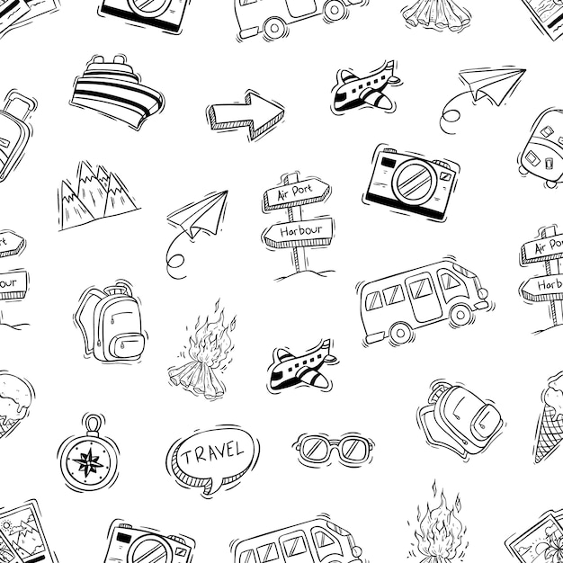 Lindos iconos de camping en patrones sin fisuras con estilo doodle o dibujados a mano