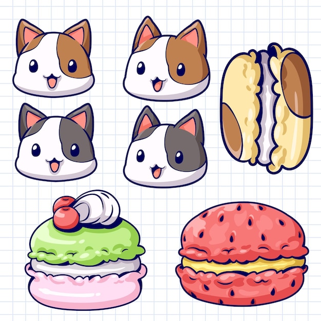 Lindos iconos de comida kawaii en la página del cuaderno ilustración vectorial