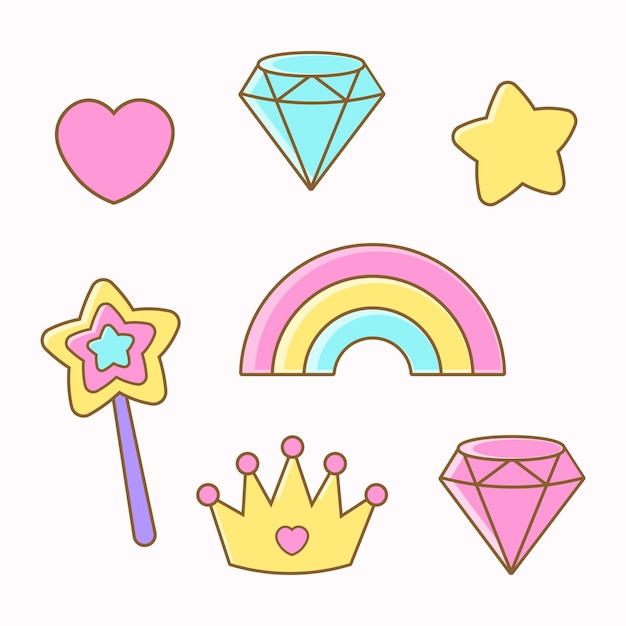 Lindos íconos en estilo kawaii íconos mágicos íconos encantados íconos de princesa unicornio diamante