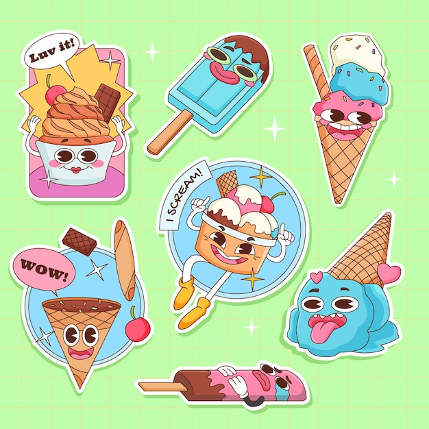 Vector lindos iconos de helado vintage etiqueta adhesiva en estilo 70s 80s 90s chunky hippie retro hippie stickers