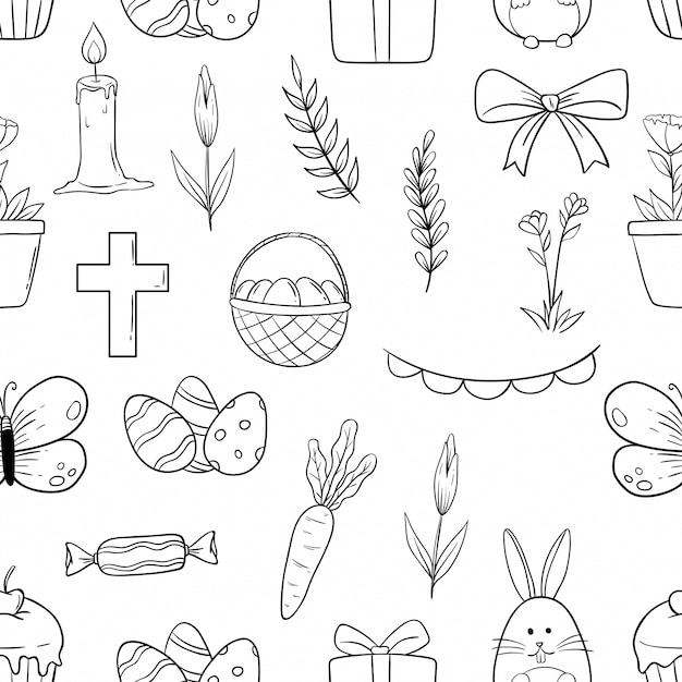 Lindos iconos de patrones sin fisuras de Pascua con estilo dibujado a mano o doodle