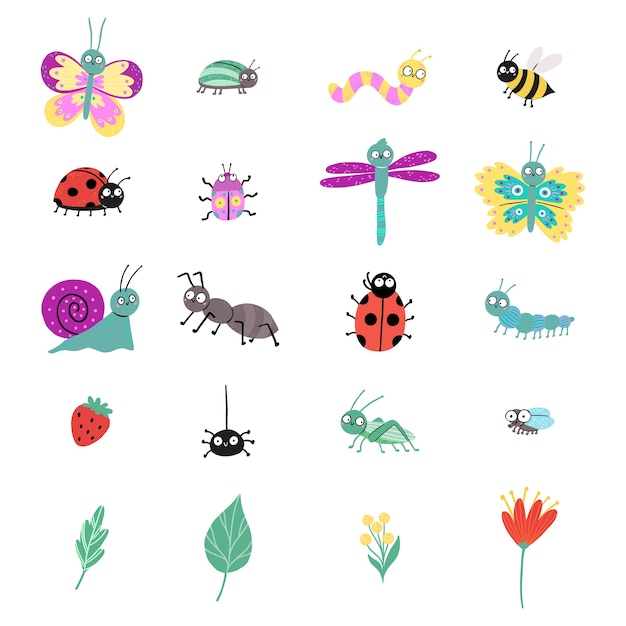 Vector con lindos insectos aislados sobre fondo blanco. mariquita, mariposa, caracol, libélula, escarabajo, araña, oruga, gusano, mosca, abeja, hormiga.