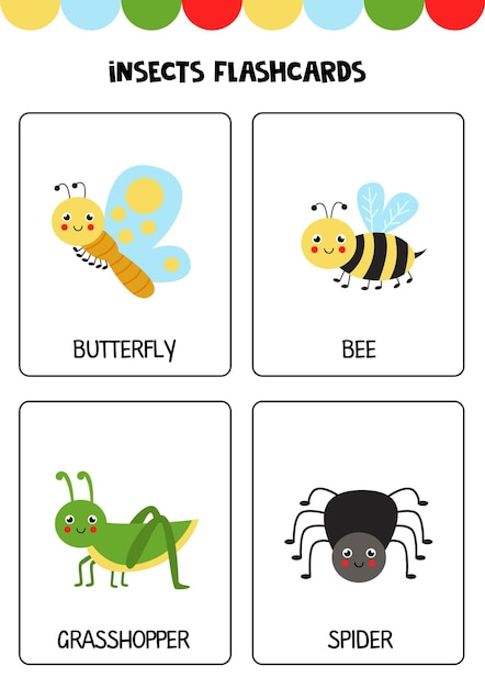 Lindos insectos de dibujos animados con nombres Flashcards para niños