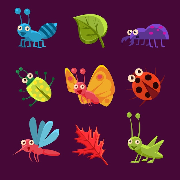 Lindos insectos y hojas con emociones. colección de ilustración vectorial