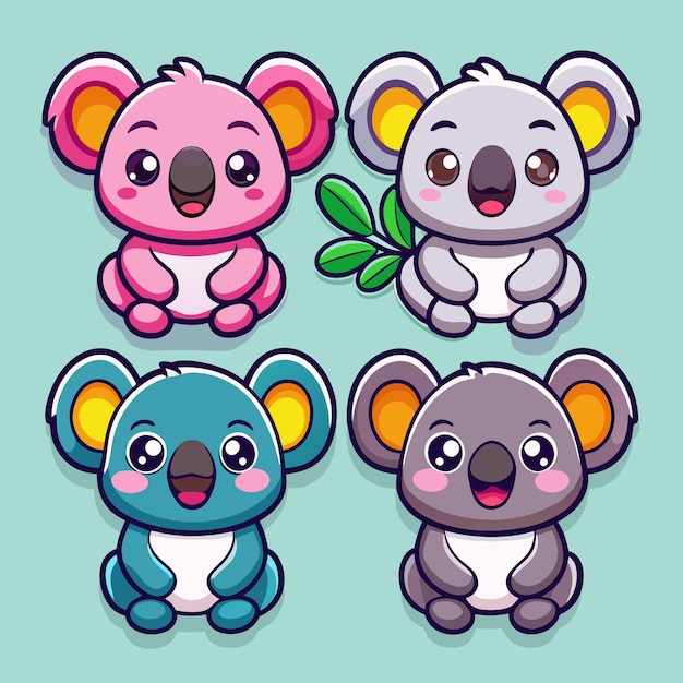 Los lindos koalas de dibujos animados sentados con los adorables animales de las hojas