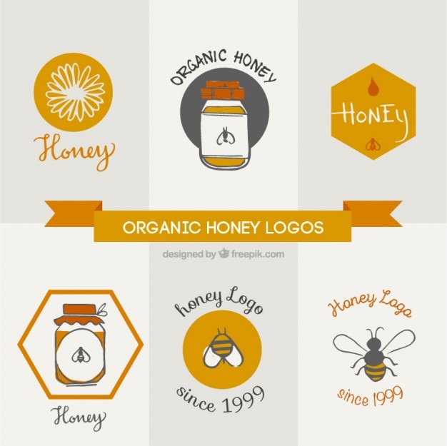 Vector lindos logotipos dibujados a mano para miel natural