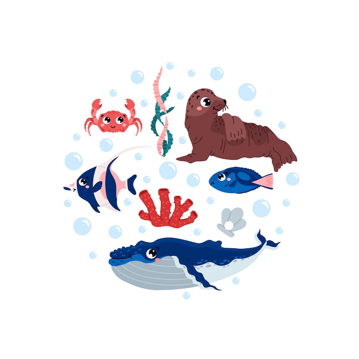 Vector lindos mamíferos marinos infantiles y peces en forma de ilustración de vector plano de círculo aislado en pentecostés