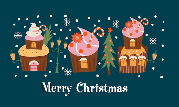 Lindos muffins en forma de acogedoras casas dulces Feliz Navidad y próspero año nuevo