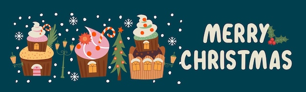 Lindos muffins en forma de acogedoras casas dulces feliz navidad y próspero año nuevo
