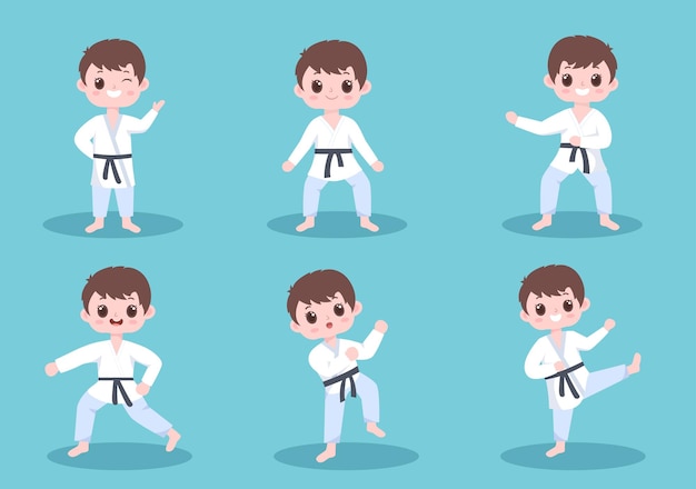 Lindos niños de dibujos animados haciendo algunos movimientos básicos de artes marciales de karate y usando kimono en la ilustración