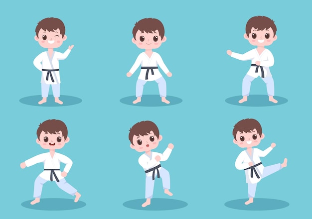 Vector lindos niños de dibujos animados haciendo algunos movimientos básicos de artes marciales de karate y usando kimono en la ilustración