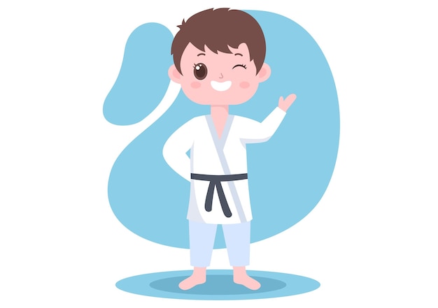 Lindos niños de dibujos animados haciendo algunos movimientos básicos de artes marciales de karate y usando kimono en la ilustración