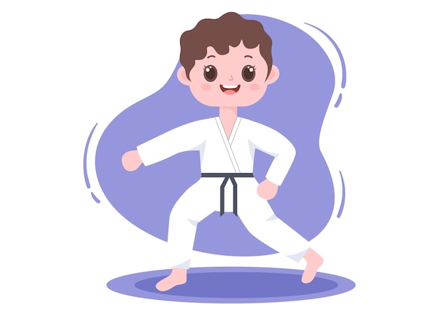 Lindos niños de dibujos animados haciendo algunos movimientos básicos de artes marciales de karate y usando kimono en la ilustración