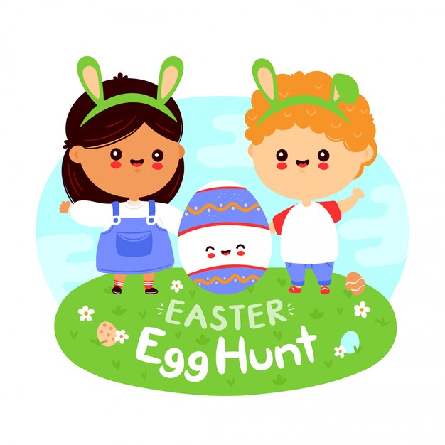 Lindos niños divertidos felices y huevo de Pascua. Diseño plano de personajes de dibujos animados. Aislado sobre fondo blanco Cartel de caza de huevos de Pascua, concepto de banner