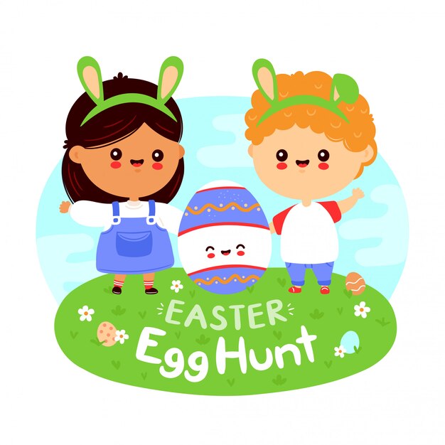 Vector lindos niños divertidos felices y huevo de pascua. diseño plano de personajes de dibujos animados. aislado sobre fondo blanco cartel de caza de huevos de pascua, concepto de banner