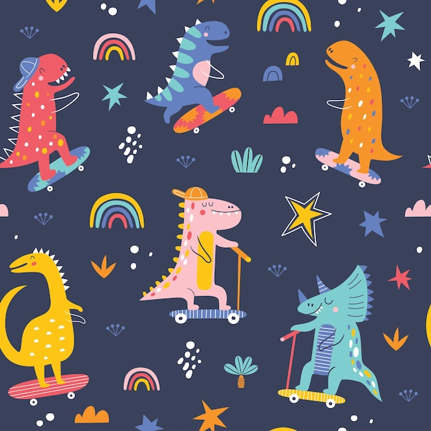 Lindos niños divertidos skater dinosaurios de patrones sin fisuras fondo de vector de dinosaurios coloridos