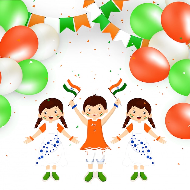 Vector lindos niños felices con bandera india