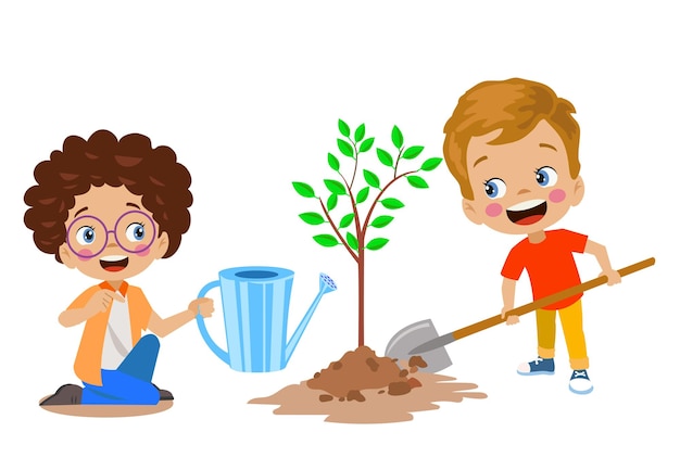 Lindos niños felices plantando árboles jóvenes