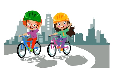 Lindos niños y niñas andando en bicicleta | Vector Premium