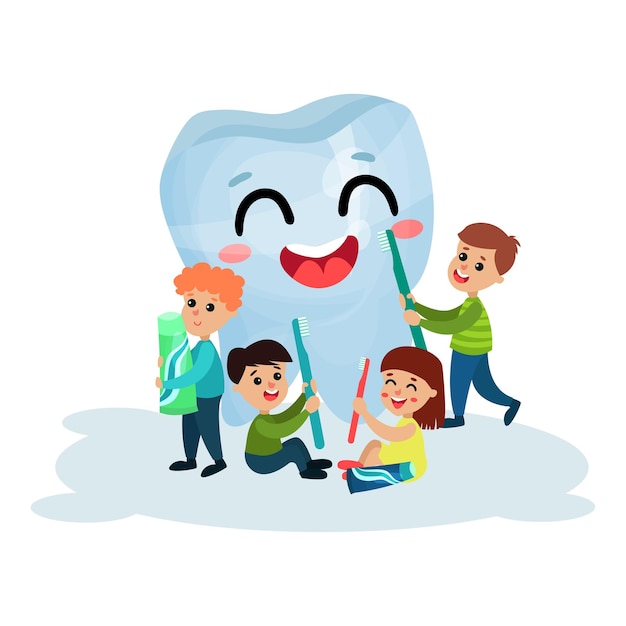 Lindos niños y niñas limpiando un personaje gigante de diente feliz con cepillo de dientes y pasta de dientes, cuidado dental y vector de dibujos animados de salud Ilustración aislada en un fondo blanco