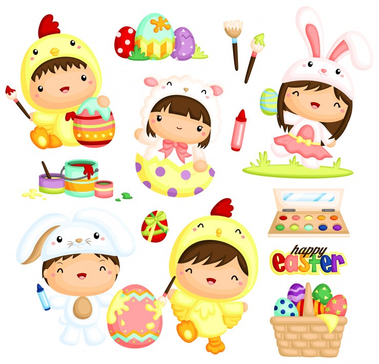 Vector lindos niños en pascua disfraz pintando huevos