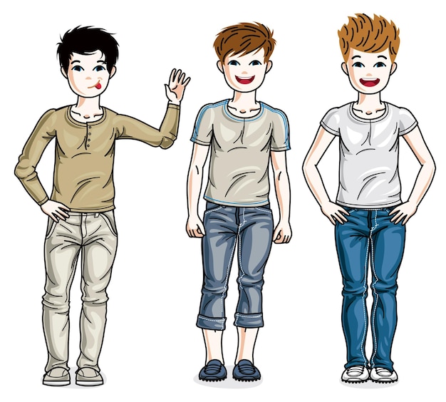 Lindos niños pequeños de pie usando ropa casual de moda. Conjunto de ilustraciones vectoriales para niños.