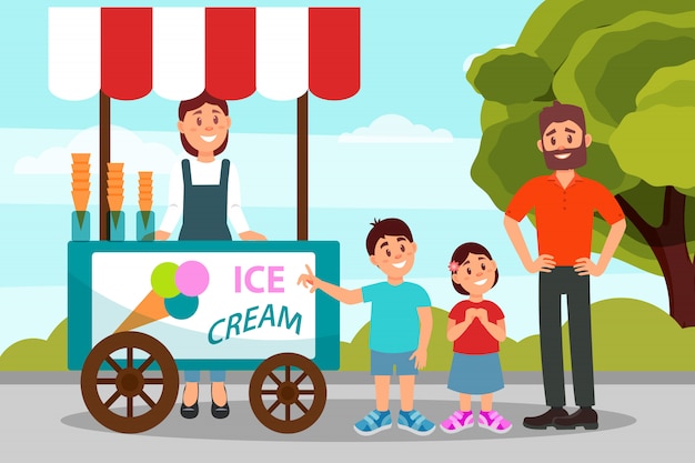 Lindos niños pidiéndole a su padre que compre helado. Papá pasar tiempo con su hija y su hijo en el parque de la ciudad. Diseño plano