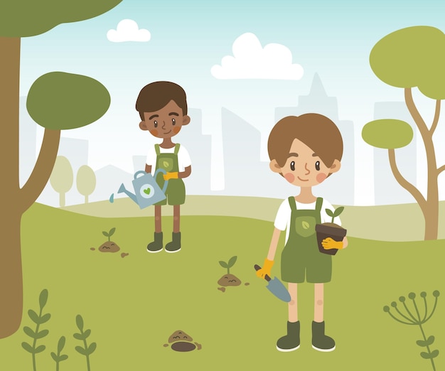 Lindos niños plantan árboles en el cartel del parque de la ciudad Jóvenes voluntarios ayudan a restaurar el bosque