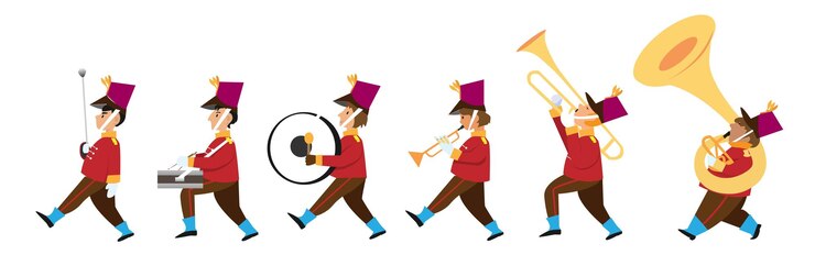 Vector lindos niños tocando instrumentos musicales en el desfile de la banda de música vector de ilustración de dibujos animados de estilo plano
