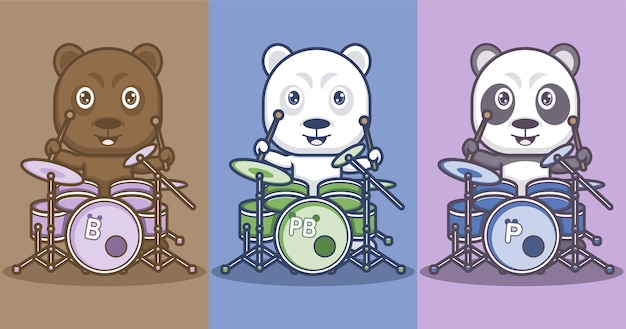 Vector lindos osos de dibujos animados, pandas y osos polares tocando la batería