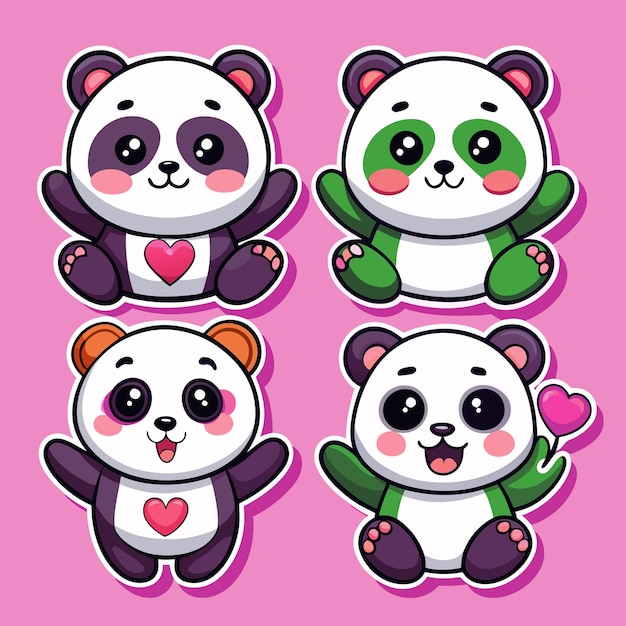 Lindos osos panda con corazones y adorables ilustraciones de dibujos animados