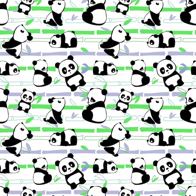 Lindos osos panda y patrón transparente de vector de bambú. Oso de patrones sin fisuras vector panda oso polar