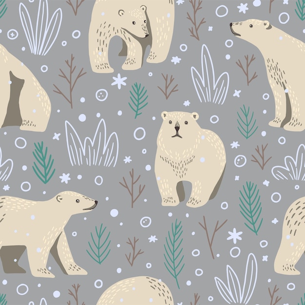 Lindos osos polares dibujados a mano plana vector de patrones sin fisuras. Papel pintado de colores en estilo escandinavo. Adorno abstracto de animales de invierno. Diseño de fondo, impresión, envoltura, textil, tela, decoración.