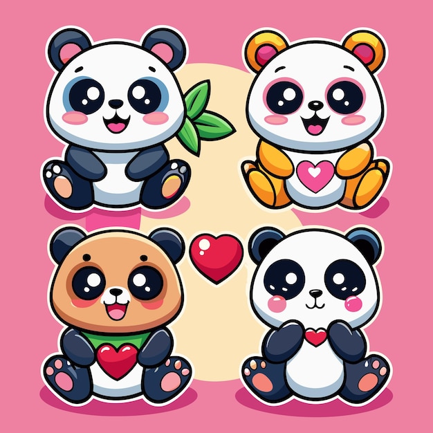Lindos pandas de dibujos animados con corazones tomados de la mano en un fondo rosado