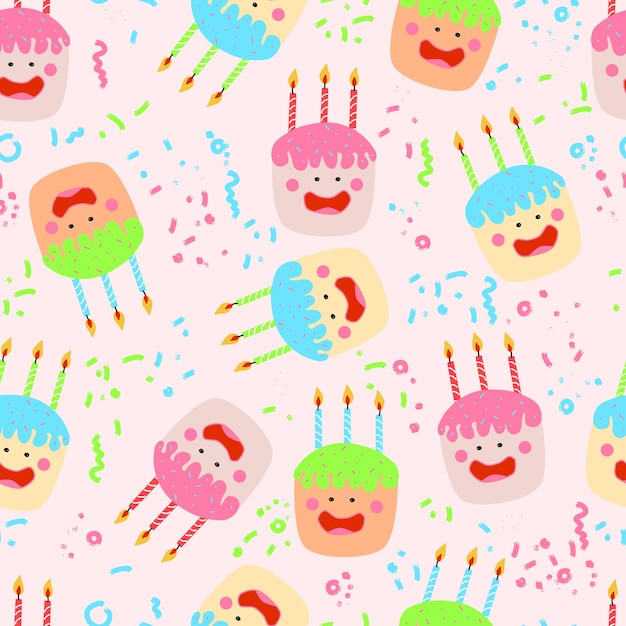 Lindos pasteles kawaii con velas personajes extravagantes aislados con cara ojos mejillas y sonrisa vector de patrones sin fisuras con confeti