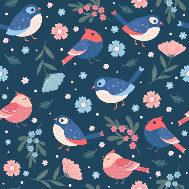 Lindos patrones sin fisuras de primavera con pájaros y flores