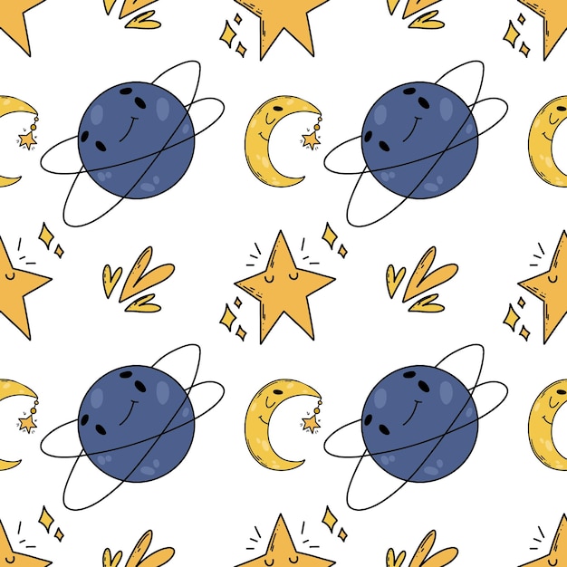 Lindos patrones de guardería neutrales al género cielo luna creciente, planetas, estrellas. Patrón transparente de vector.