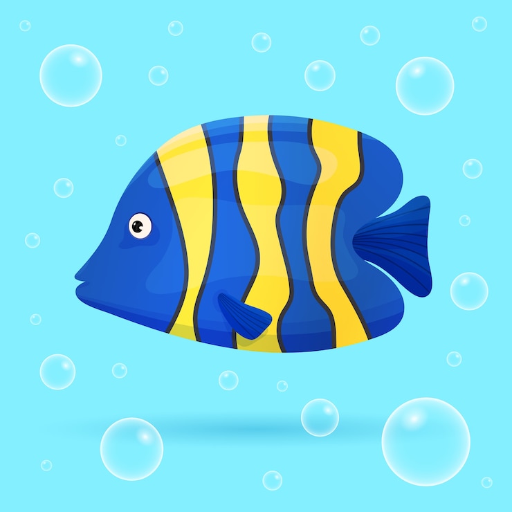 Vector lindos peces tropicales sobre fondo azul con burbujas. peces de mar de colores brillantes. vida salvaje marina submarina. ilustración.