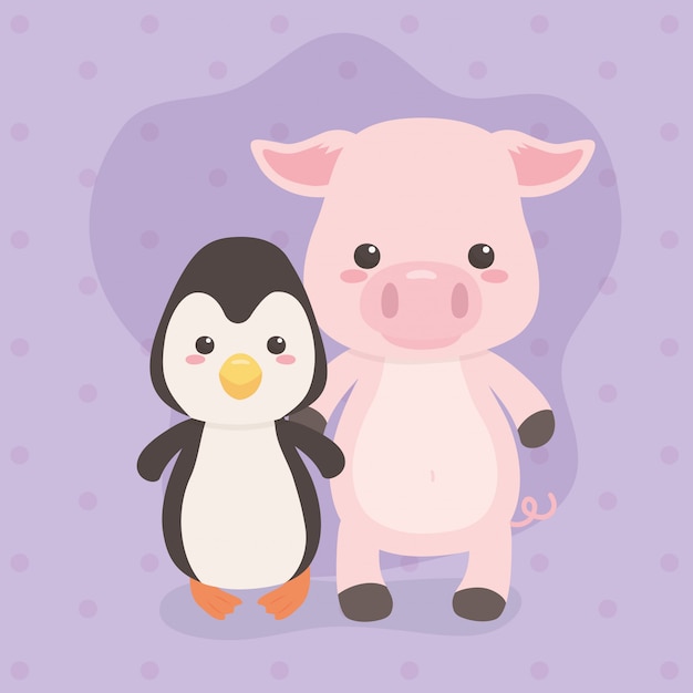 Lindos y pequeños pingüinos y personajes de cerdo.