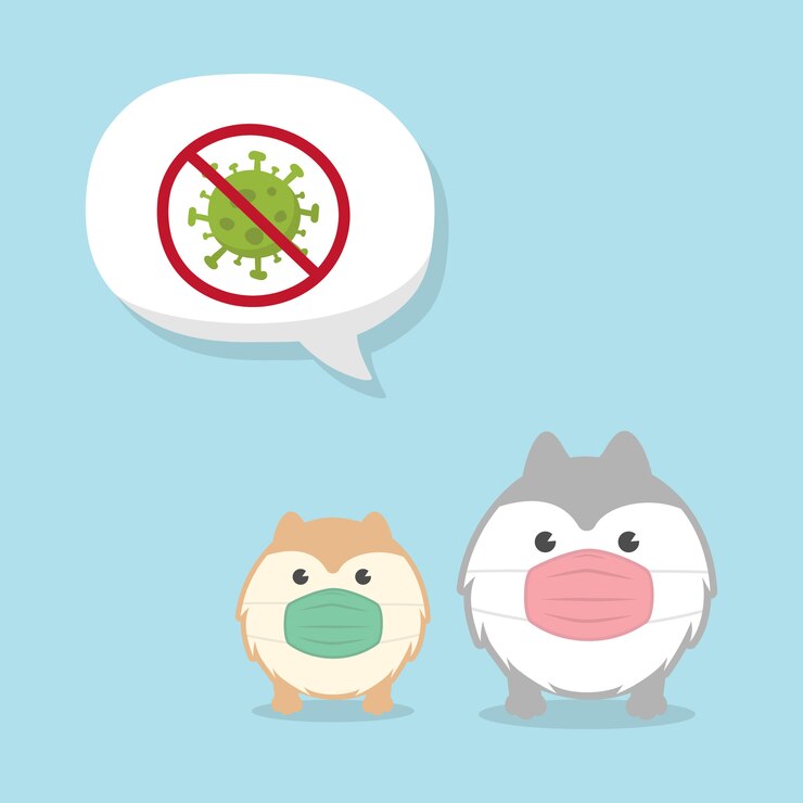 Lindos perros mullidos con máscara médica. Coronavirus (COVID-19) Ilustración. Kawaii Pomerania personaje de dibujos animados.