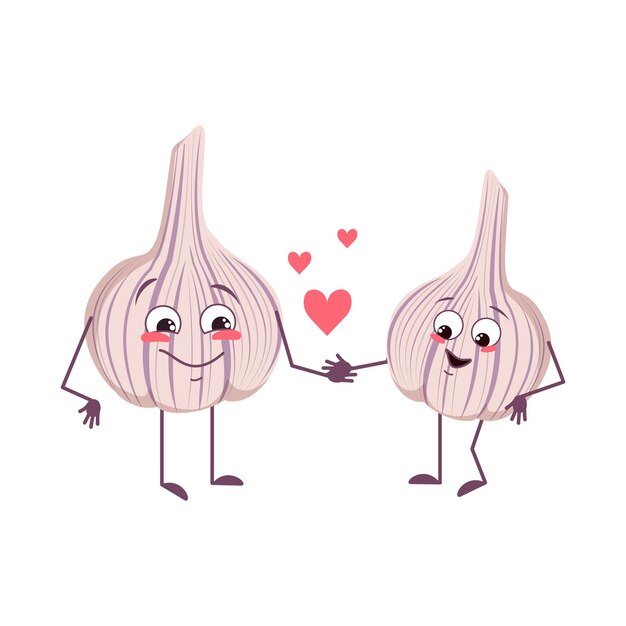 Lindos personajes de ajo con emociones de amor, rostro, brazos y piernas. los héroes divertidos o felices, vegetales se enamoran. ilustración vectorial plana