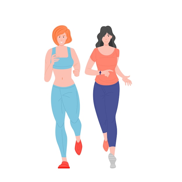 Lindos personajes de amigas en ropa deportiva corriendo juntos