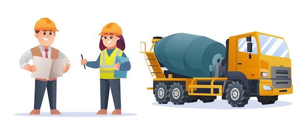 Lindos personajes de capataz de construcción e ingeniera con ilustración de camión hormigonera
