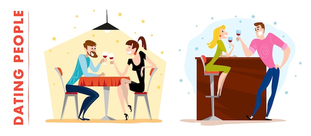 . . lindos personajes de citas para hombres y mujeres. chico y chica felices sentados en la mesa de café bebiendo vino en el restaurante de la noche.