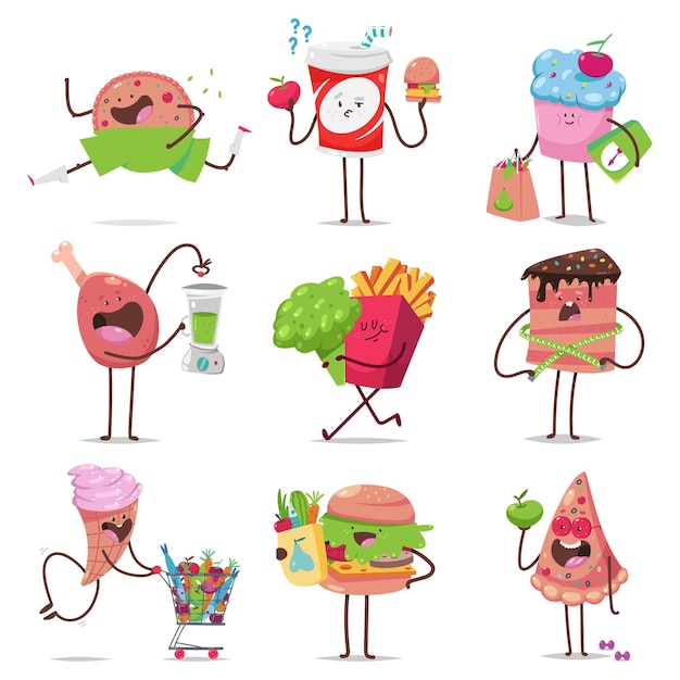 Vector lindos personajes de comida rápida en el conjunto de dibujos animados de dieta aislado en un fondo blanco.