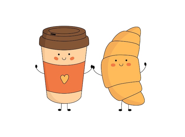 Lindos personajes de croissant y taza de café de papel con cara sonriente, manos y piernas