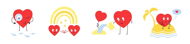 Vector lindos personajes de dibujos animados felices del corazón para el romántico concepto de diseño de amor del día de san valentín