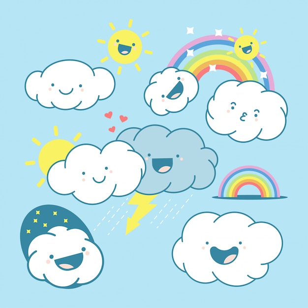 Lindos personajes de dibujos animados de nube, sol y arco iris conjunto aislado sobre un fondo blanco.