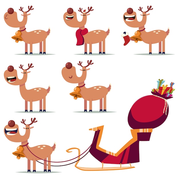 Lindos personajes de dibujos animados de renos de Navidad conjunto aislado sobre un fondo blanco.